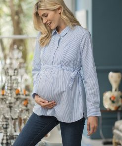 Ropa Premama Seraphine | Camisa Premama A Lactancia A Rayas Azules Y Blancas Con Lazo Lateral