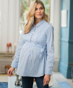 Ropa Premama Seraphine | Camisa Premama A Lactancia A Rayas Azules Y Blancas Con Lazo Lateral