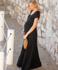 Ropa Premama Seraphine | Vestido Largo De Maternidad A Lactancia De Jersey Negro