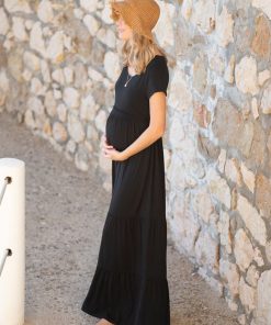 Ropa Premama Seraphine | Vestido Largo De Maternidad A Lactancia De Jersey Negro