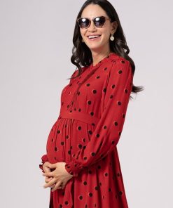 Ropa Premama Seraphine | Vestido Fruncido Premama Y De Lactancia Con Lunares En Color Rojo