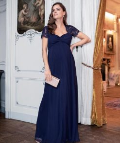 Ropa Premama Seraphine | Vestido De Fiesta Premama De Seda Y Encaje - Azul Oscuro