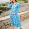 Ropa Premama Seraphine | Vestido Premama A Lactancia A Media Pierna Bohemio Floral Azul Y Blanco