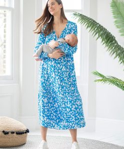 Ropa Premama Seraphine | Vestido Premama A Lactancia A Media Pierna Bohemio Floral Azul Y Blanco