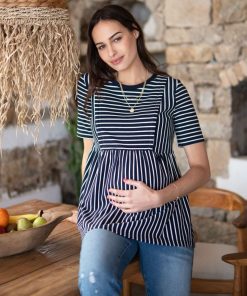 Ropa Premama Seraphine | Camiseta Premama A Lactancia Ajustada A Rayas Azul Marino Y Blanco