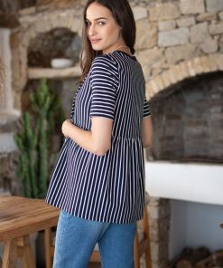 Ropa Premama Seraphine | Camiseta Premama A Lactancia Ajustada A Rayas Azul Marino Y Blanco