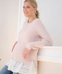 Ropa Premama Seraphine | Jersey Rosa A Capas De Punto De Maternidad A Lactancia Con Camiseta Interior De Encaje