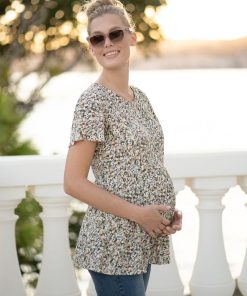 Ropa Premama Seraphine | Top Premama A Lactancia Con Estampado Florecitas Caqui