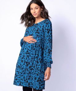 Ropa Premama Seraphine | Vestido Premama Y Lactancia Azul Con Estampado De Flores