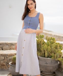 Ropa Premama Seraphine | Vestido Premama Y De Lactancia Con Solapa Azul Y Blanco