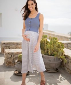 Ropa Premama Seraphine | Vestido Premama Y De Lactancia Con Solapa Azul Y Blanco