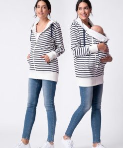 Ropa Premama Seraphine | Sudadera Con Capucha Azul Marino Con Rayas Blancas: De Maternidad A Porteo