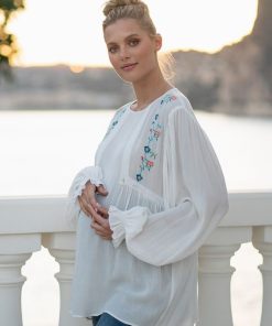 Ropa Premama Seraphine | Blusa De Maternidad A Lactancia Floral Bordada Blanca