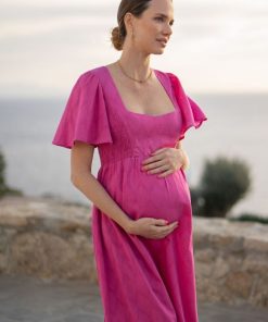 Ropa Premama Seraphine | Vestido De Algodon Premama Y De Lactancia Fucsia Con Bordado Ingles