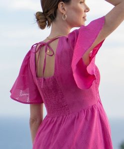 Ropa Premama Seraphine | Vestido De Algodon Premama Y De Lactancia Fucsia Con Bordado Ingles