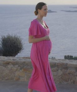 Ropa Premama Seraphine | Vestido De Algodon Premama Y De Lactancia Fucsia Con Bordado Ingles