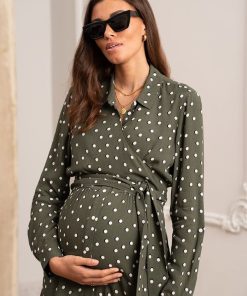 Ropa Premama Seraphine | Vestido Camisero Premama Y De Lactancia Con Lunares En Color Caqui