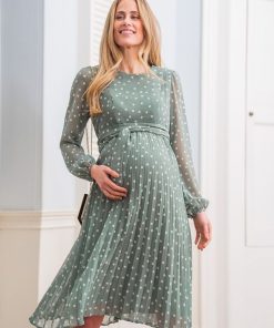 Ropa Premama Seraphine | Vestido Premama Y De Lactancia En Gasa Con Lunares De Color Salvia