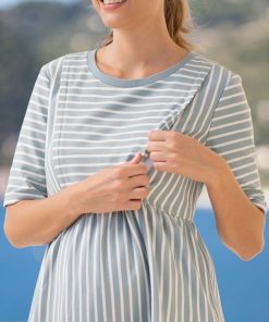 Ropa Premama Seraphine | Camiseta Premama A Lactancia Ajustada Con Rayas Blancas Y Verde Salvia