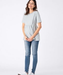 Ropa Premama Seraphine | Camiseta Premama A Lactancia Ajustada Con Rayas Blancas Y Verde Salvia