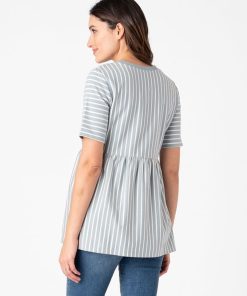 Ropa Premama Seraphine | Camiseta Premama A Lactancia Ajustada Con Rayas Blancas Y Verde Salvia