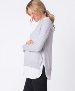 Ropa Premama Seraphine | Jersey Premama Y Lactancia Con Cuello Desmontable Gris En Mezcla De Algodon