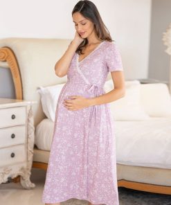 Ropa Premama Seraphine | Camison Cruzado Premama A Lactancia Con Estampado Floral Lila Y Ribete De Encaje