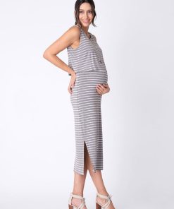 Ropa Premama Seraphine | Vestido Lactancia Premama A Rayas Midi - Gris