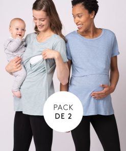 Ropa Premama Seraphine | Paquete De Dos Camisetas Esenciales De Maternidad A Lactancia En Azul Y Verde