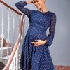 Ropa Premama Seraphine | Vestido Premama De Gasa Con Lunares Blancos Y Azul Marino