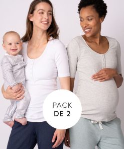 Ropa Premama Seraphine | Tops De Manga Larga De Maternidad A Lactancia: Pack De 2, Blanco Y Gris