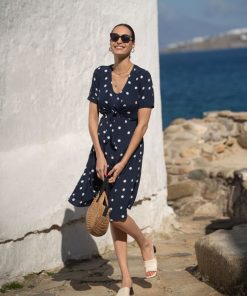 Ropa Premama Seraphine | Vestido Premama A Lactancia Con Estampado De Lunares En Azul Marino Y Blanco