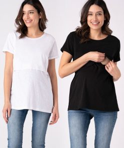 Ropa Premama Seraphine | Paquete De Dos Camisetas Esenciales De Maternidad A Lactancia En Blanco Y Negro