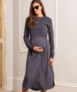 Ropa Premama Seraphine | Vestido Midi Premama Y De Lactancia En Color Gris Pizarra