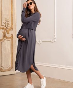 Ropa Premama Seraphine | Vestido Midi Premama Y De Lactancia En Color Gris Pizarra