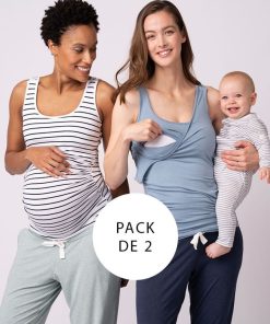 Ropa Premama Seraphine | Paquete De Dos Camisetas Sin Mangas Esenciales De Maternidad A Lactancia En Azul Y Rayas