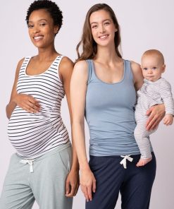 Ropa Premama Seraphine | Paquete De Dos Camisetas Sin Mangas Esenciales De Maternidad A Lactancia En Azul Y Rayas