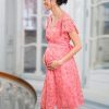 Ropa Premama Seraphine | Vestido De Fiesta De Maternidad A Lactancia Con Encaje Floral Rosa Coral