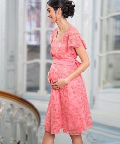 Ropa Premama Seraphine | Vestido De Fiesta De Maternidad A Lactancia Con Encaje Floral Rosa Coral