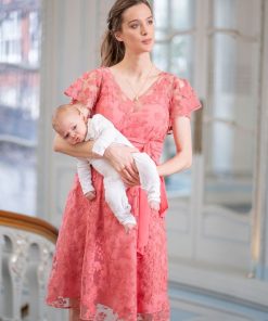 Ropa Premama Seraphine | Vestido De Fiesta De Maternidad A Lactancia Con Encaje Floral Rosa Coral