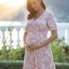 Ropa Premama Seraphine | Vestido Premama A Lactancia Rosa Con Cordon Floral Entallado Y Con Vuelo