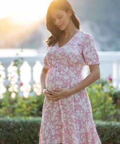 Ropa Premama Seraphine | Vestido Premama A Lactancia Rosa Con Cordon Floral Entallado Y Con Vuelo