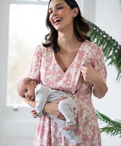 Ropa Premama Seraphine | Vestido Premama A Lactancia Rosa Con Cordon Floral Entallado Y Con Vuelo