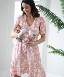 Ropa Premama Seraphine | Vestido Premama A Lactancia Rosa Con Cordon Floral Entallado Y Con Vuelo