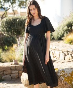 Ropa Premama Seraphine | Vestido De Algodon Premama Y De Lactancia Negro Con Bordado Ingles