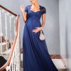 Ropa Premama Seraphine | Vestido De Noche Premama De Seda Y Encaje Azul Marino