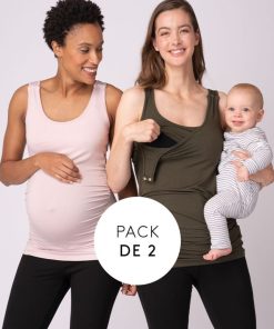 Ropa Premama Seraphine | Camisetas Lactancia Premama -Rosa Y Caqui Pack De Dos