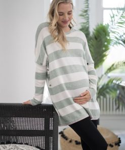 Ropa Premama Seraphine | Top Premama A Lactancia De Corte Cuadrado Con Rayas Llamativas En Verde Y Blanco