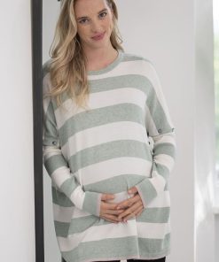 Ropa Premama Seraphine | Top Premama A Lactancia De Corte Cuadrado Con Rayas Llamativas En Verde Y Blanco