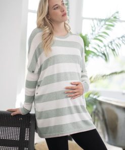 Ropa Premama Seraphine | Top Premama A Lactancia De Corte Cuadrado Con Rayas Llamativas En Verde Y Blanco